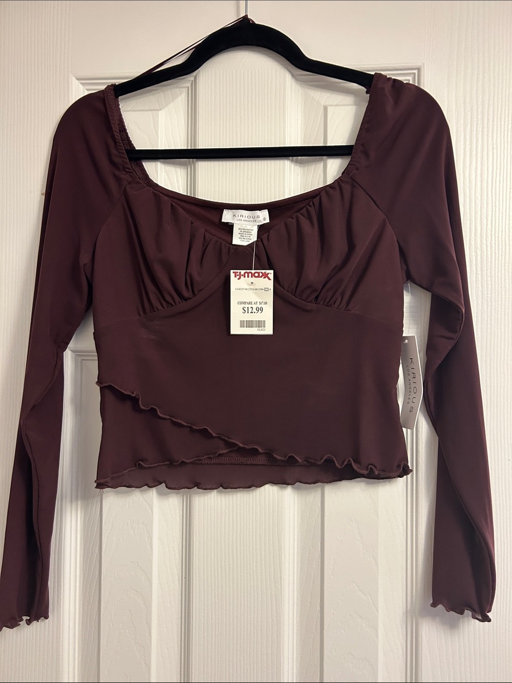 Square-Neck Burgundy Long Sleeve Crop Top by Kirious Los Angeles
